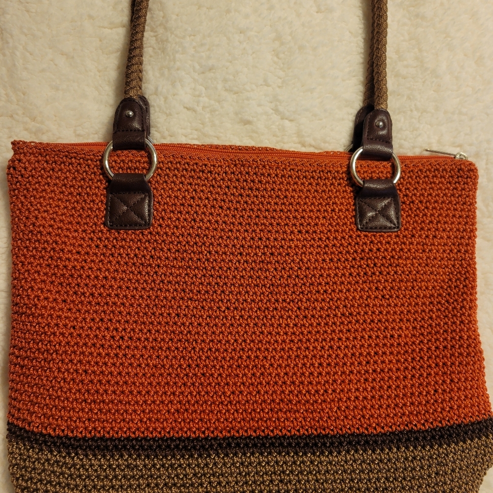 Lina Crochet Purse, Orange With Brown Trim, Braided Shoulder Strap Bag, NICE